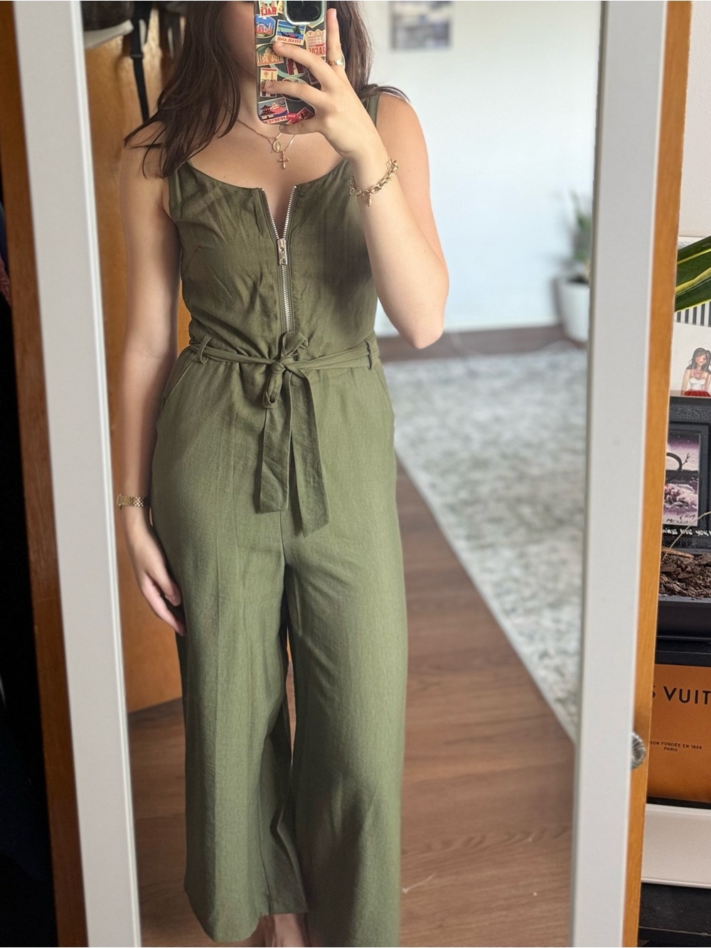 Melloday Olive Green Sleeveless Zip-Front Jumpsuit with Waist Tie